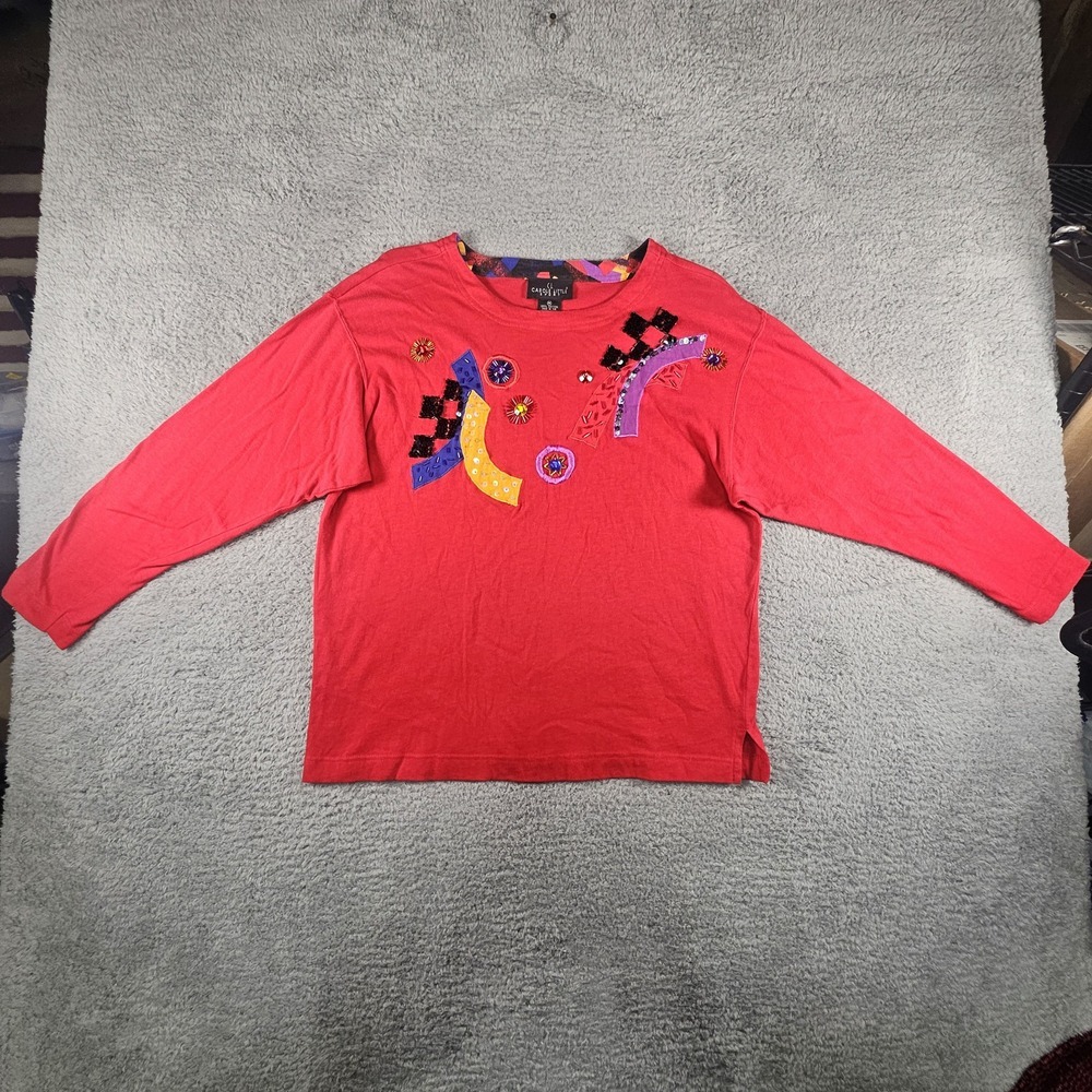 Vtg Carole Little Sport Top Womens M Red LS Geometric Beaded Embellished Artsy